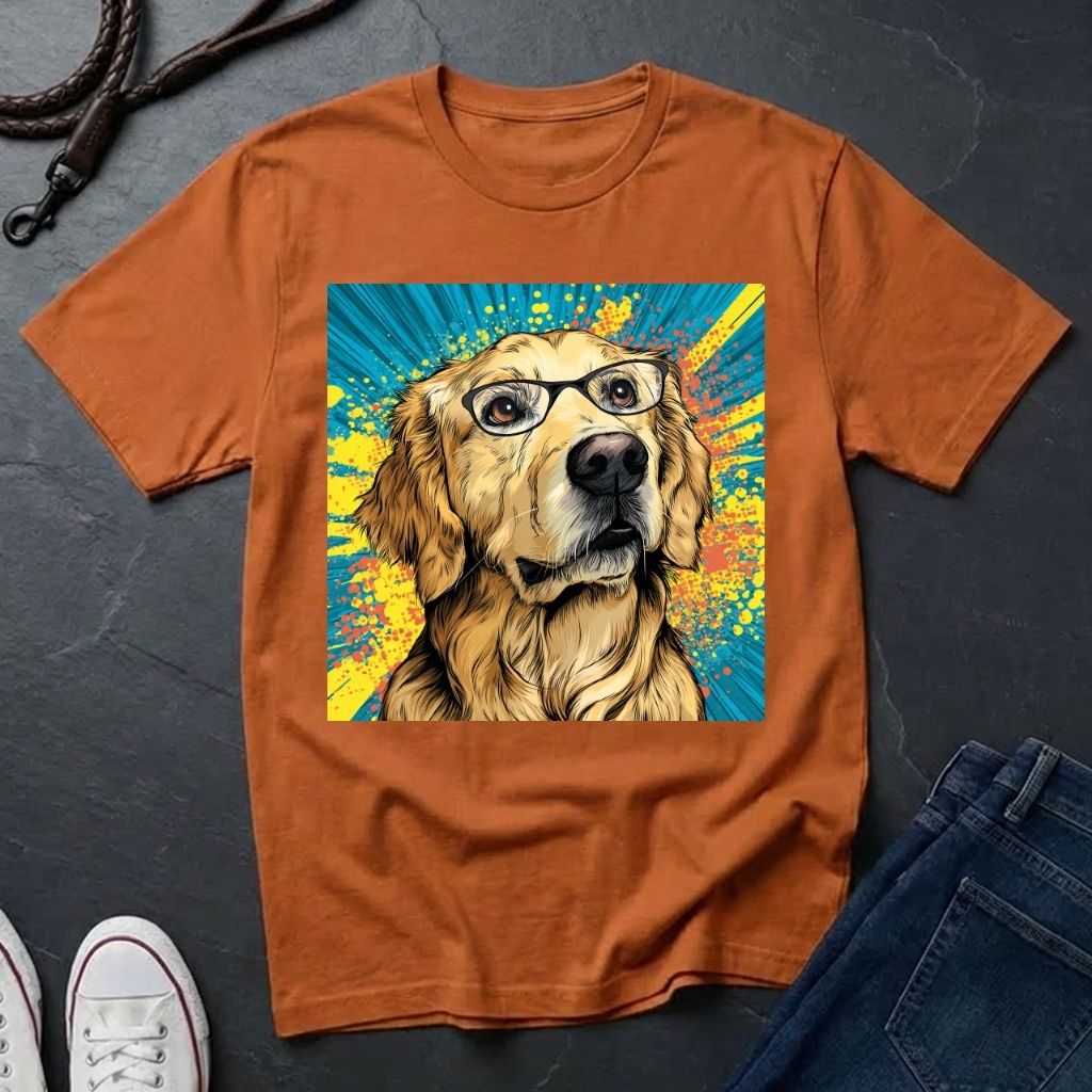 Brown Comfort Colors t-shirt with a dog wearing glasses graphic on a dark surface