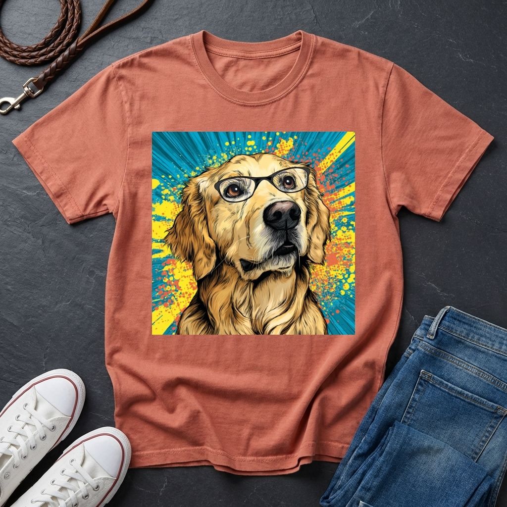 Brown Comfort Colors t-shirt with a colorful dog graphic on a dark surface with shoes and jeans.