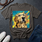 Gray Comfort Colors t-shirt with a colorful dog graphic on a dark surface with shoes and jeans.