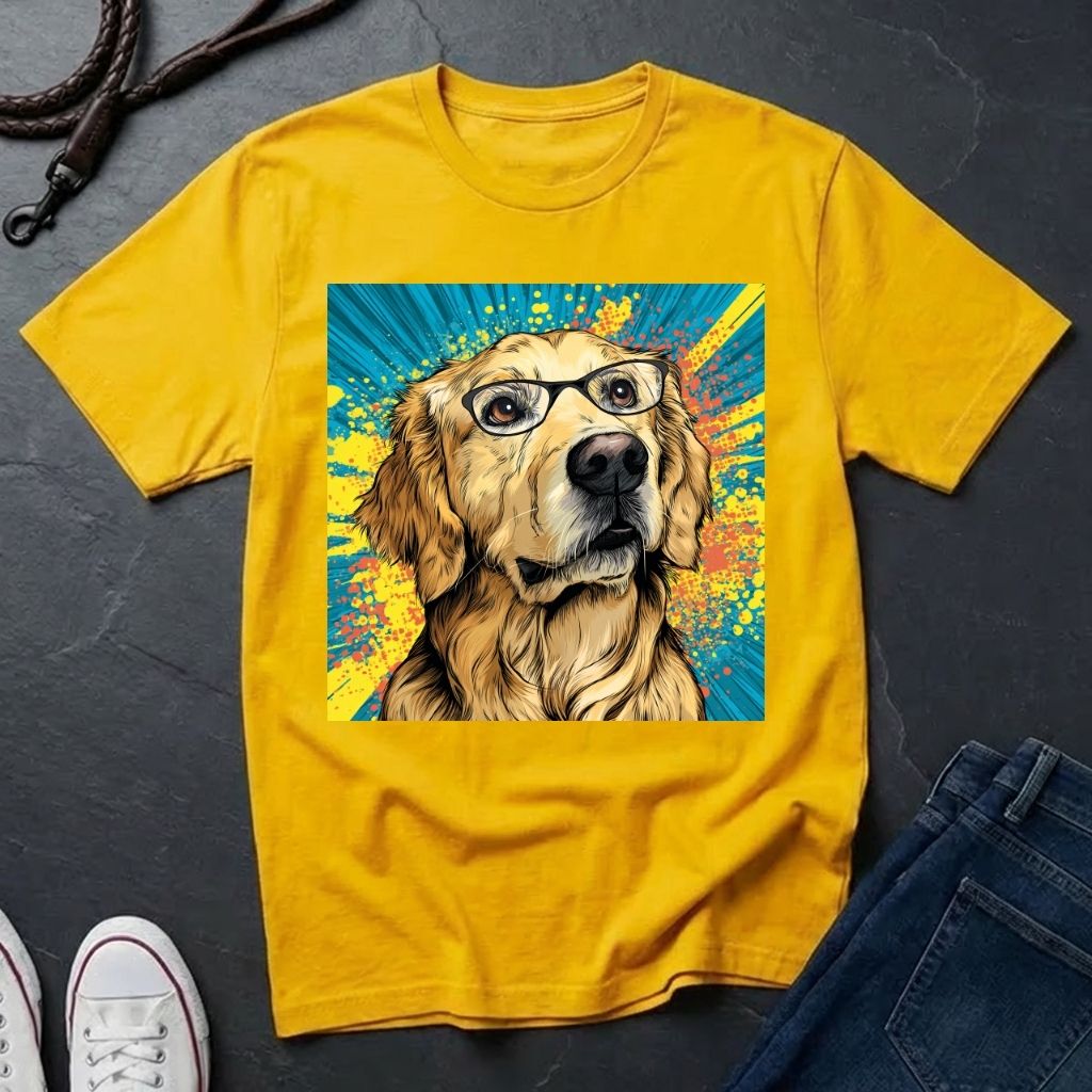 Yellow Comfort Colors t-shirt with a dog wearing glasses graphic on a dark surface