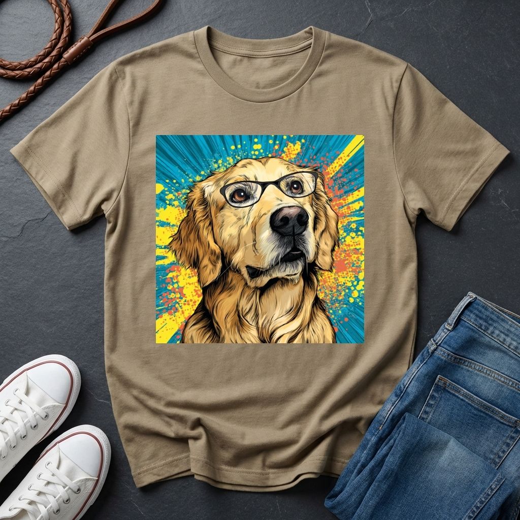 Beige Comfort Colors t-shirt with a colorful dog graphic on a dark surface with shoes and jeans.