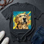 Black Comfort Colors t-shirt with a colorful dog graphic on a dark surface with shoes and jeans.