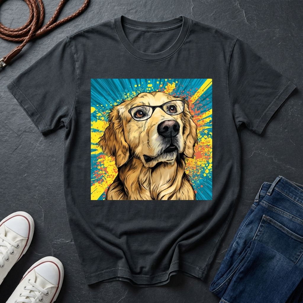 Black Comfort Colors t-shirt with a colorful dog graphic on a dark surface with shoes and jeans.