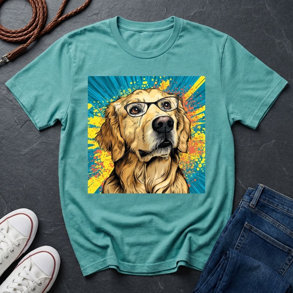 Teal Comfort Colors t-shirt with a dog wearing glasses graphic on a dark surface with shoes and jeans.