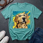 Teal Comfort Colors t-shirt with a dog wearing glasses graphic on a dark surface with shoes and jeans.