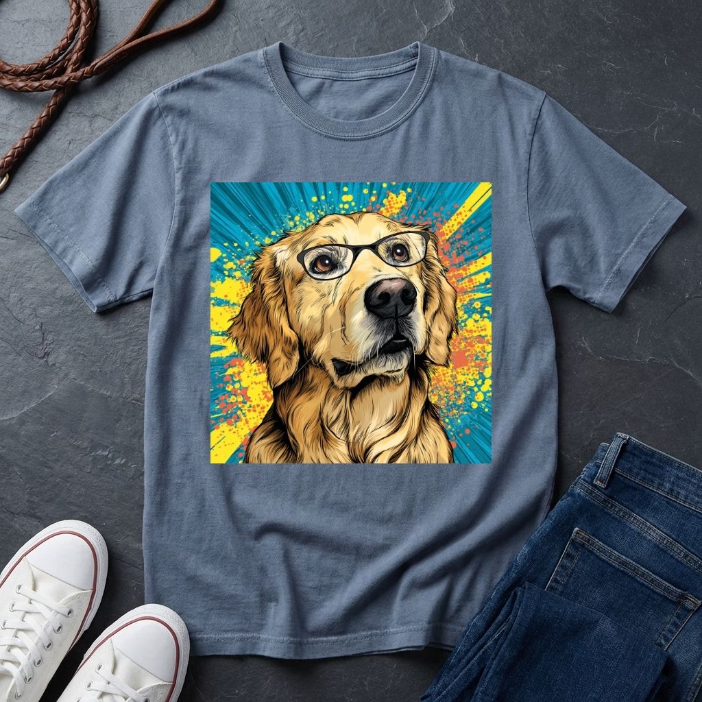Blue Comfort Colors t-shirt with a colorful dog graphic on a dark surface with shoes and jeans.