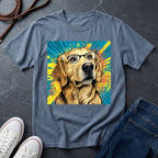 Blue Comfort Colors t-shirt with a colorful dog graphic on a dark surface with shoes and jeans.