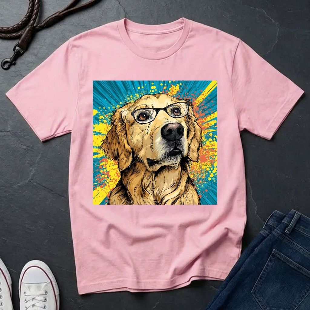 Pink Comfort Colors t-shirt with a dog wearing glasses graphic on a dark surface