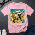 Pink Comfort Colors t-shirt with a dog wearing glasses graphic on a dark surface