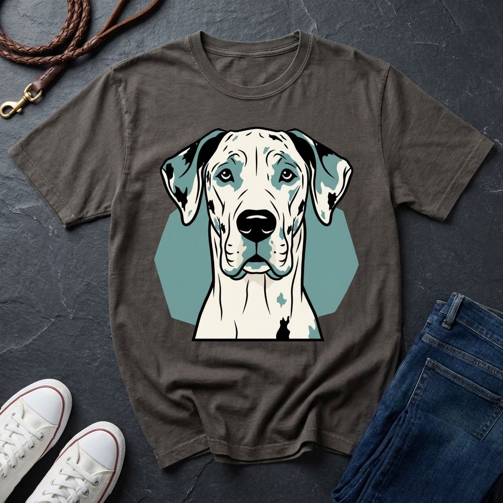 Gray Comfort Colors t-shirt with a dog graphic on a dark surface with shoes and jeans.