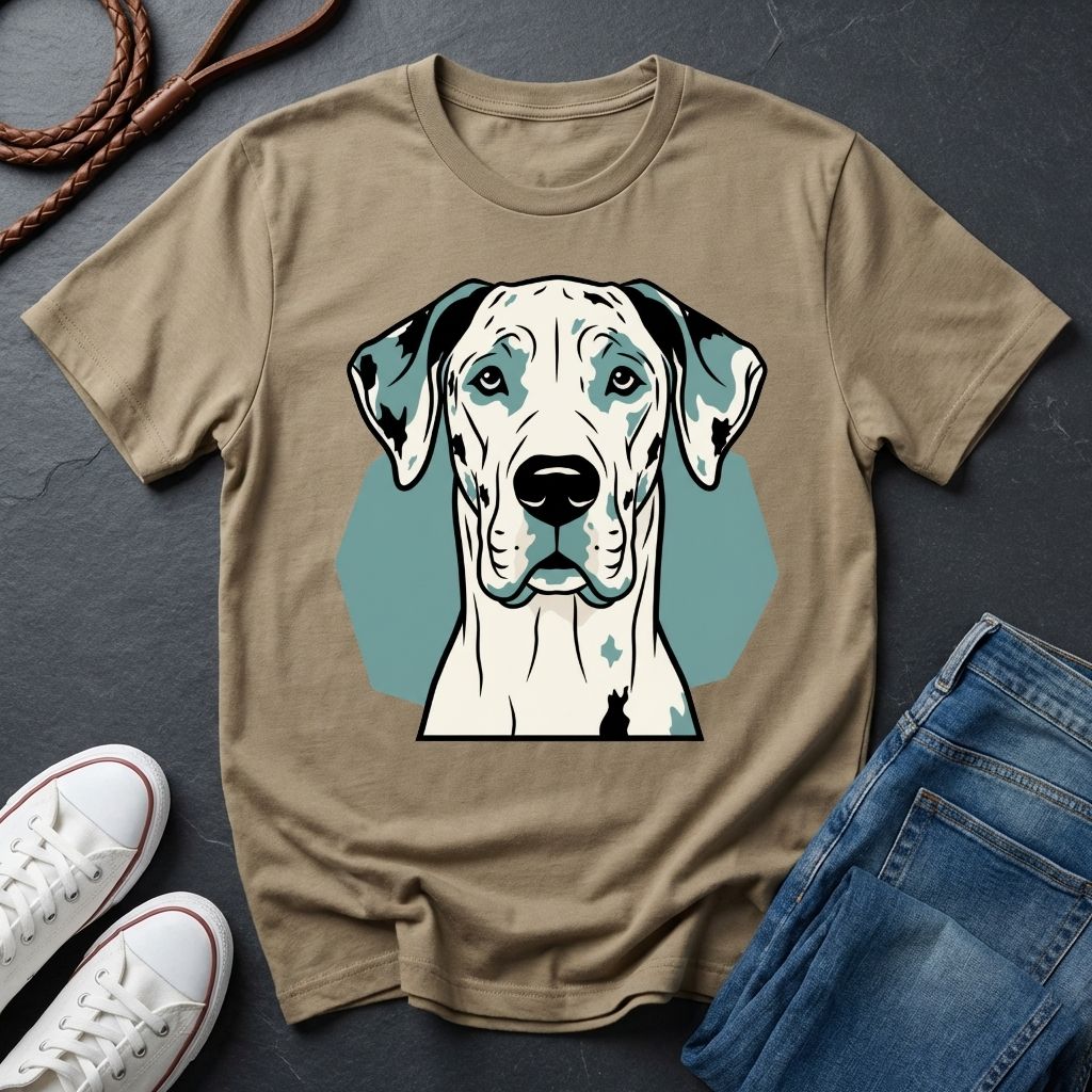 Beige Comfort Colors t-shirt with a dog graphic on a dark surface with shoes and jeans.
