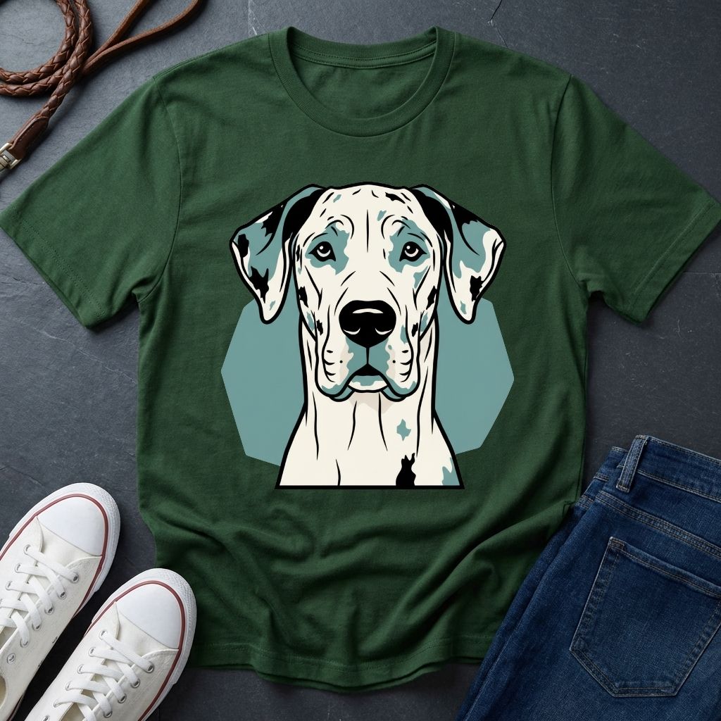 Green Comfort Colors t-shirt with a dog graphic on a gray surface with shoes and jeans.