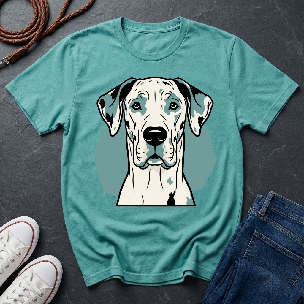 Teal Comfort Colors t-shirt with a dog graphic on a dark surface with shoes and jeans.