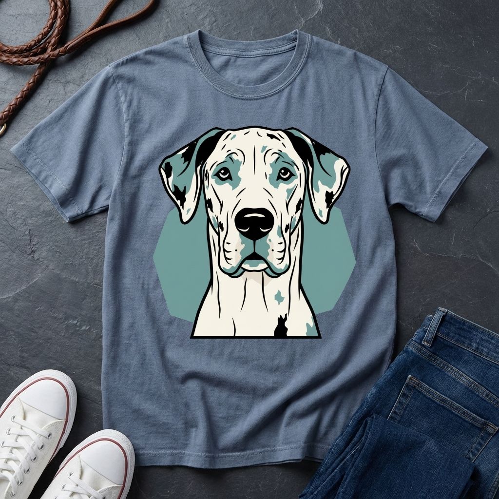 Blue Comfort Colors t-shirt with a dog graphic on a dark surface with shoes and jeans.