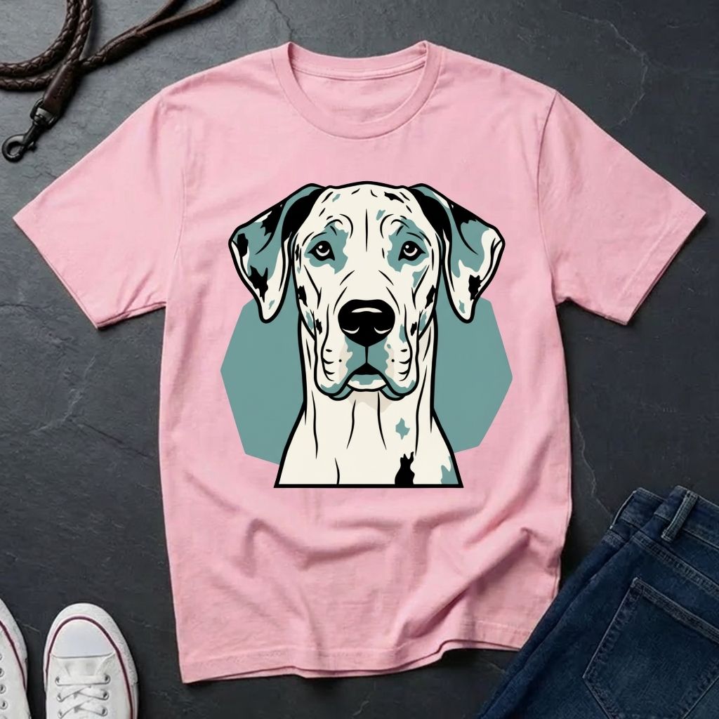 Pink Comfort Colors t-shirt with a dog graphic on a dark surface with jeans and shoes.