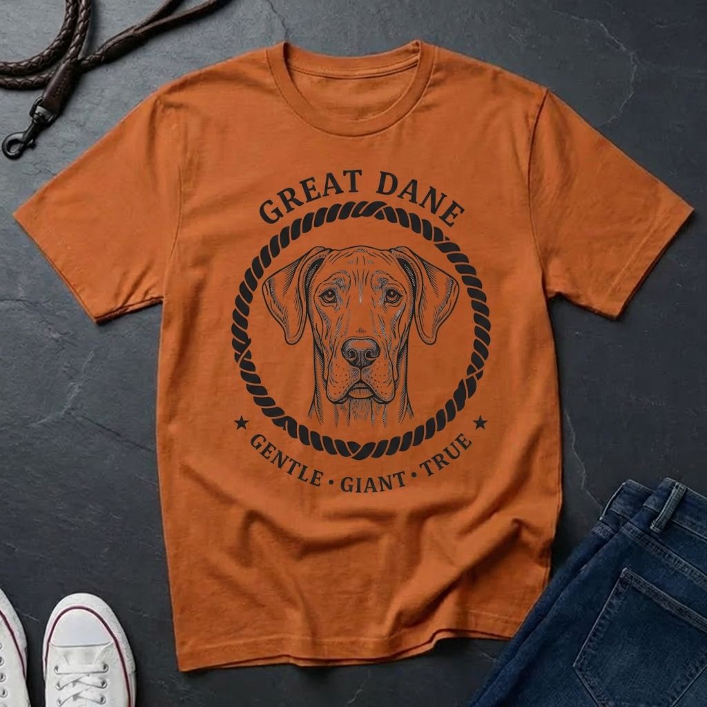 Orange Comfort Colors t-shirt with a Great Dane graphic and text on a dark surface.