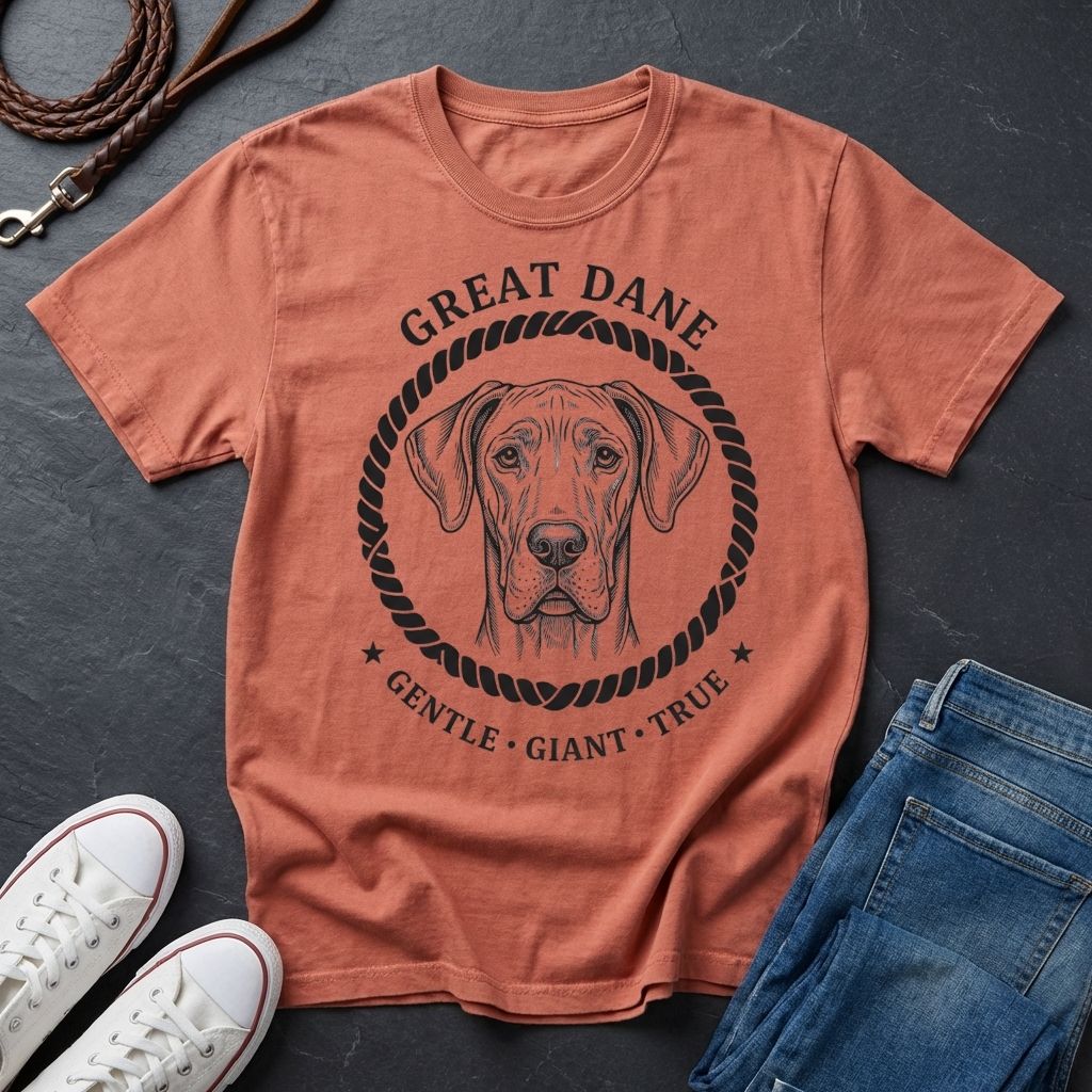 Coral Comfort Colors t-shirt with Great Dane graphic and text on a dark surface with shoes and jeans.