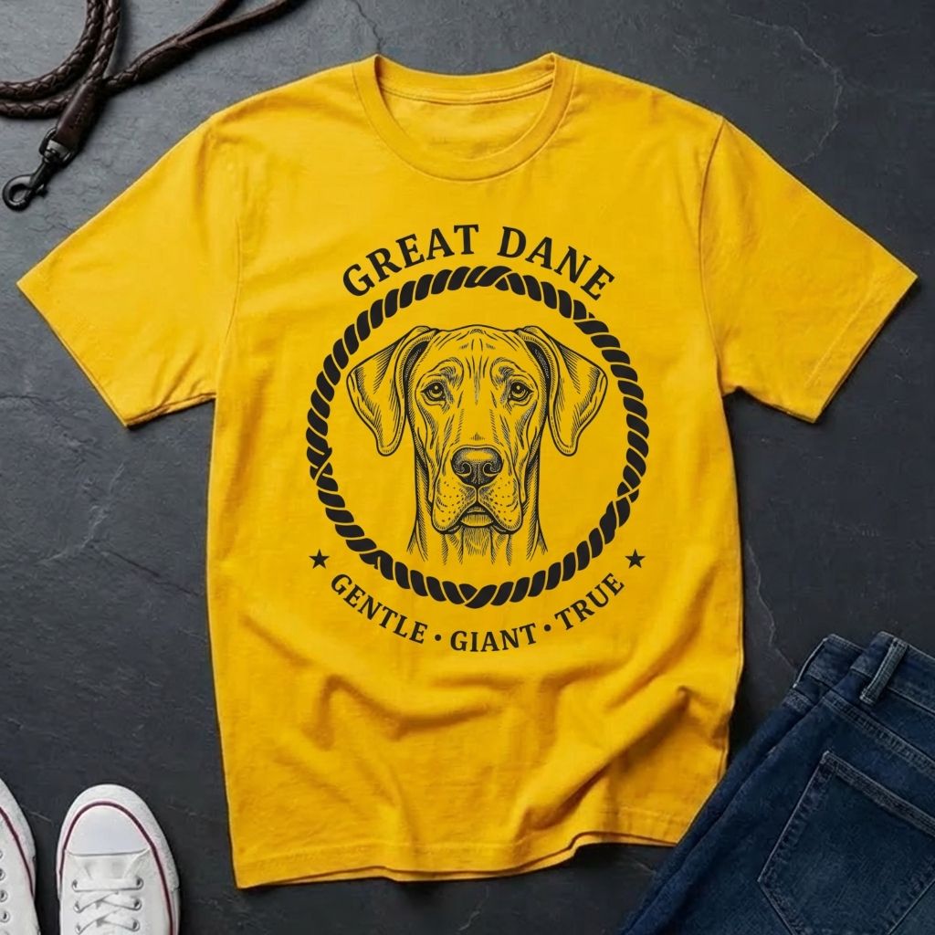 Yellow Comfort Colors t-shirt with a dog graphic and text on a dark surface