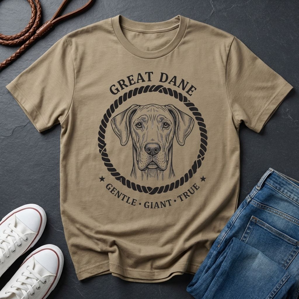 Beige Comfort Colors t-shirt with a Great Dane graphic and text on a dark surface with shoes and jeans.