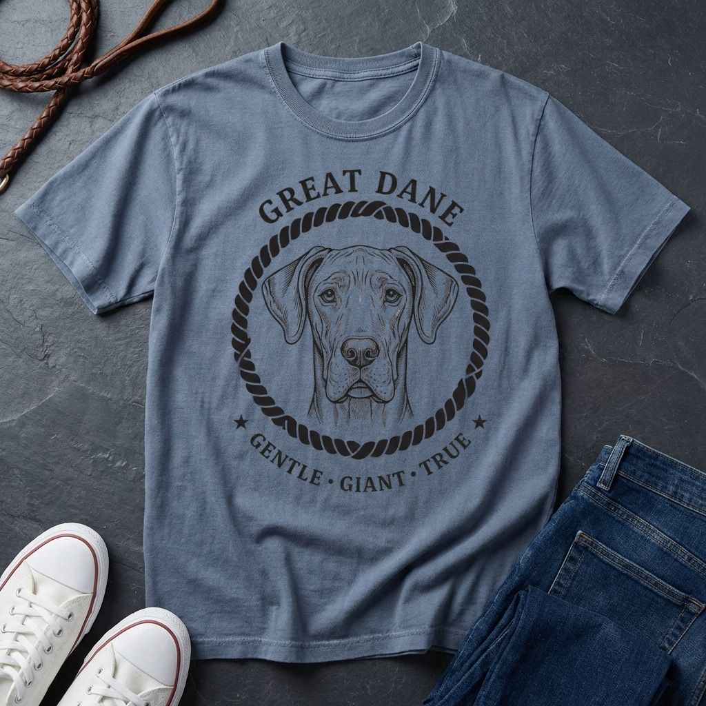 Blue Comfort Colors t-shirt with a Great Dane graphic and text on a dark surface with shoes and jeans.
