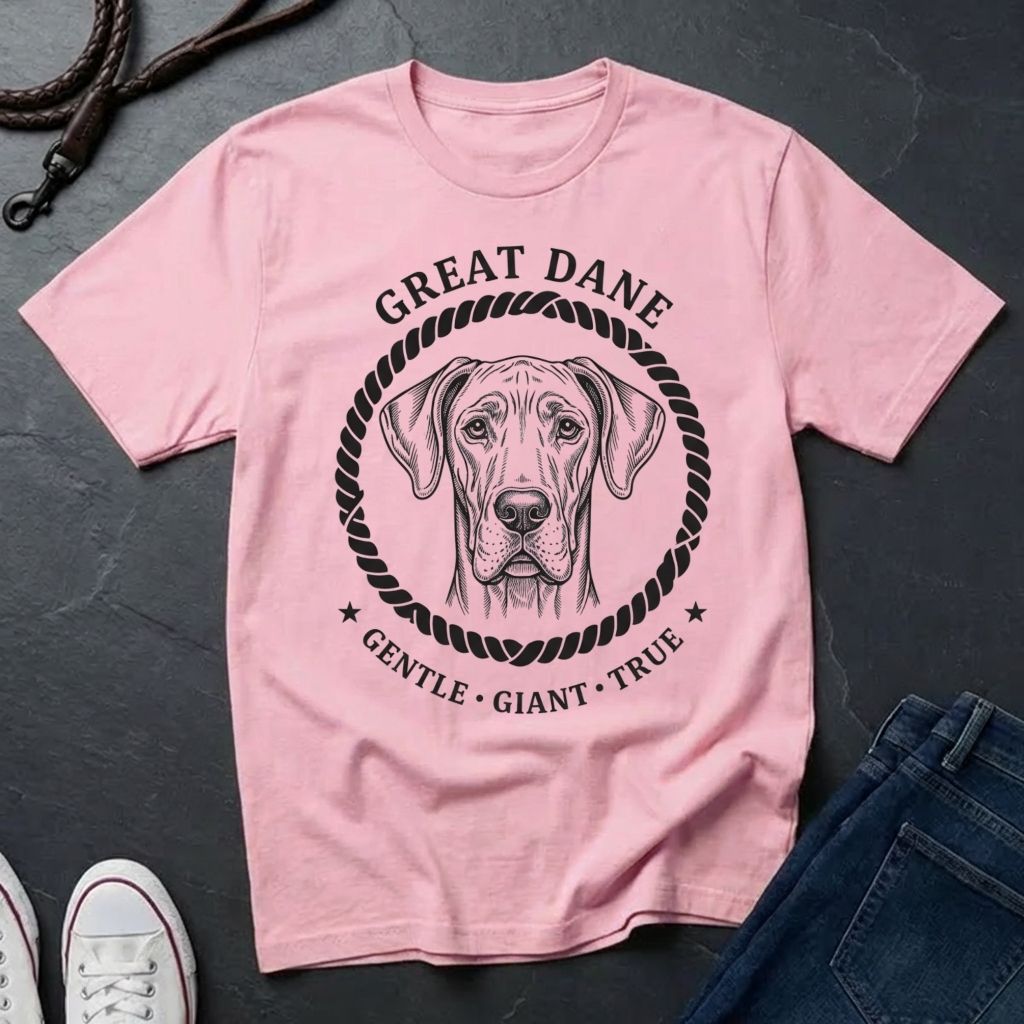 Pink Comfort Colors t-shirt with Great Dane graphic and text on a dark surface