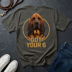 Gray Comfort Colors t-shirt with a bloodhound graphic and 'Got Your 6' text on a dark surface with shoes and jeans.