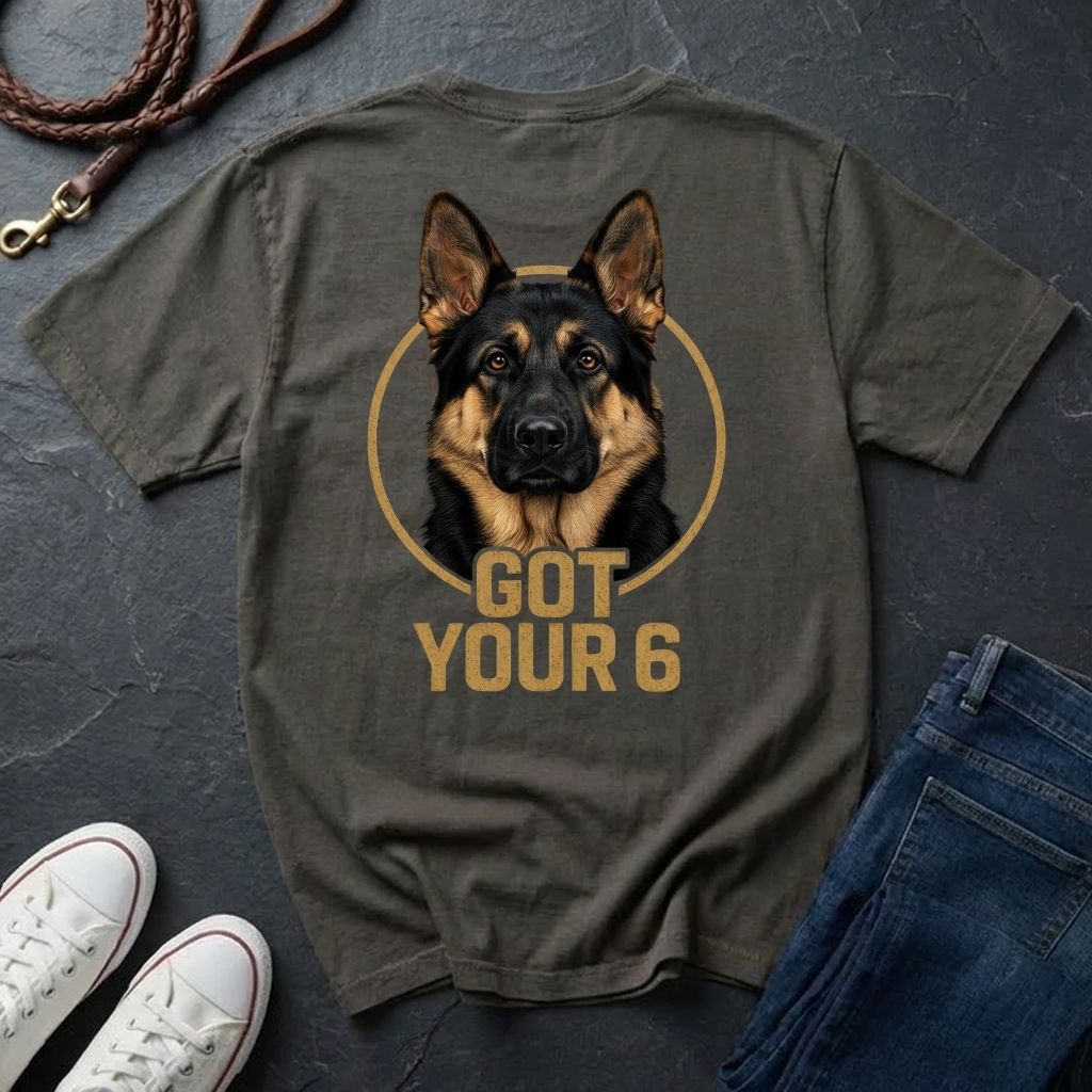 Gray Comfort Colors t-shirt with a dog graphic and 'Got Your 6' text on a dark surface with shoes and jeans.