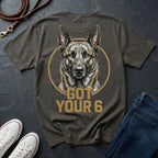 Gray Comfort Colors t-shirt with a dog graphic and 'Got Your 6' text, placed on a dark surface with shoes and jeans.