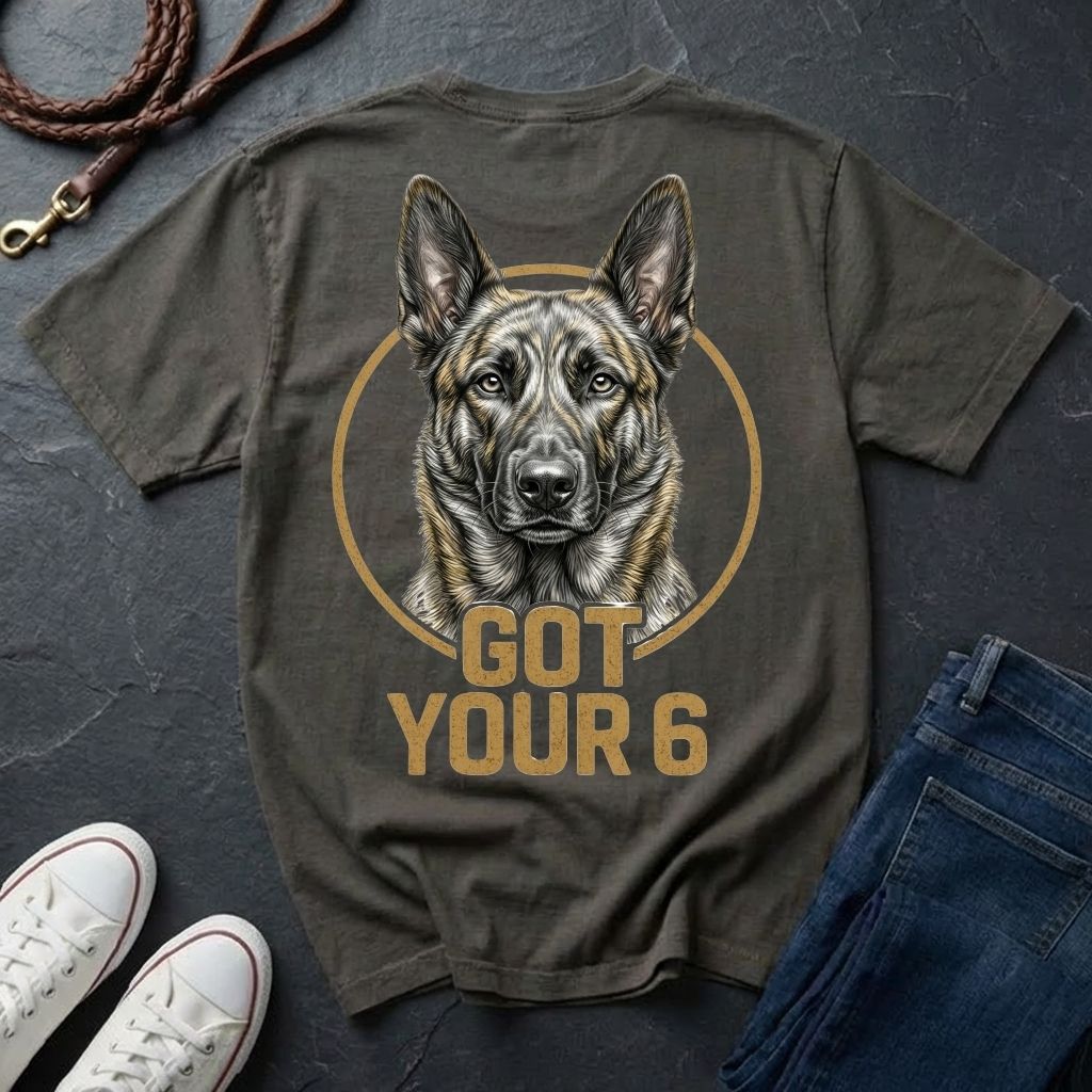 Gray Comfort Colors t-shirt with a dog graphic and 'Got Your 6' text, placed on a dark surface with shoes and jeans.