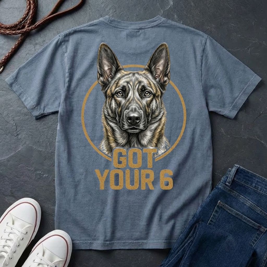 Blue Comfort Colors t-shirt with a German Shepherd graphic and 'Got Your 6' text on a dark surface with jeans and shoes.