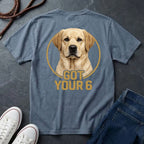 Blue Comfort Colors t-shirt with a dog graphic and 'Got Your 6' text on a dark surface with shoes and jeans.