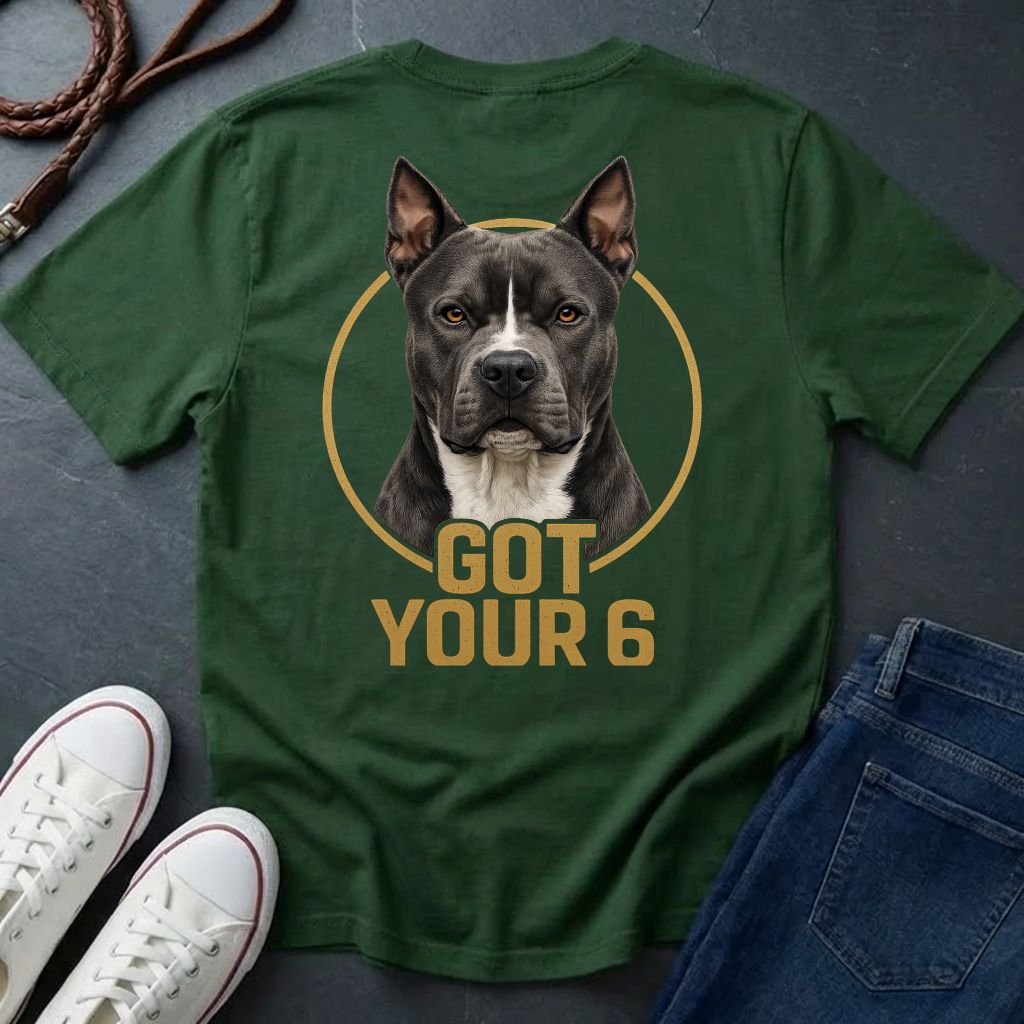 Green Comfort Colors t-shirt with a dog graphic and 'Got Your 6' text on a dark surface with shoes and jeans.