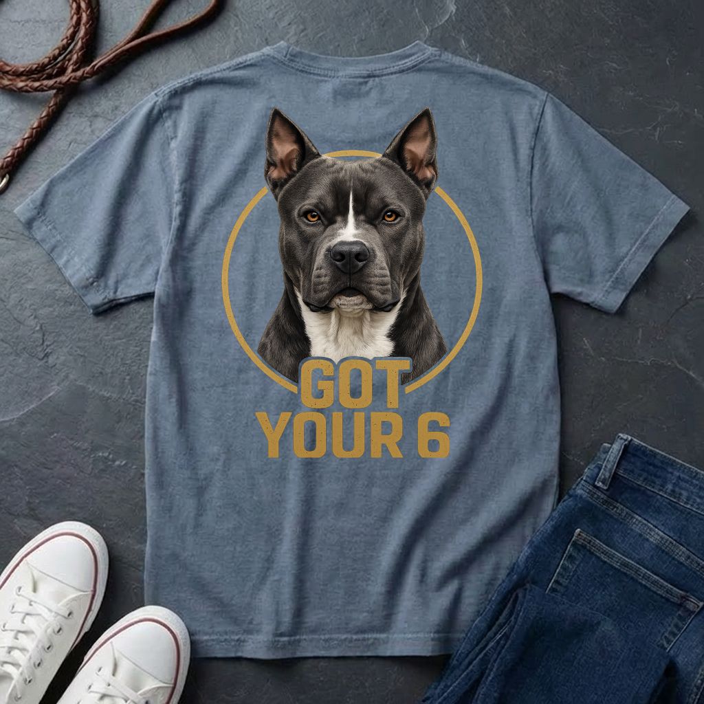 Blue Comfort Colors t-shirt with a dog graphic and 'Got Your 6' text on a dark surface with shoes and jeans.