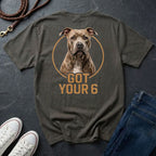 Gray Comfort Colors t-shirt with a dog graphic and 'Got Your 6' text on a dark surface with shoes and jeans.