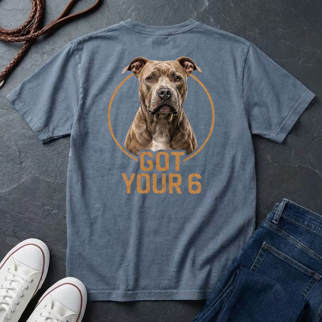Blue Comfort Colors t-shirt with a dog graphic and 'Got Your 6' text on a dark surface with shoes and jeans.