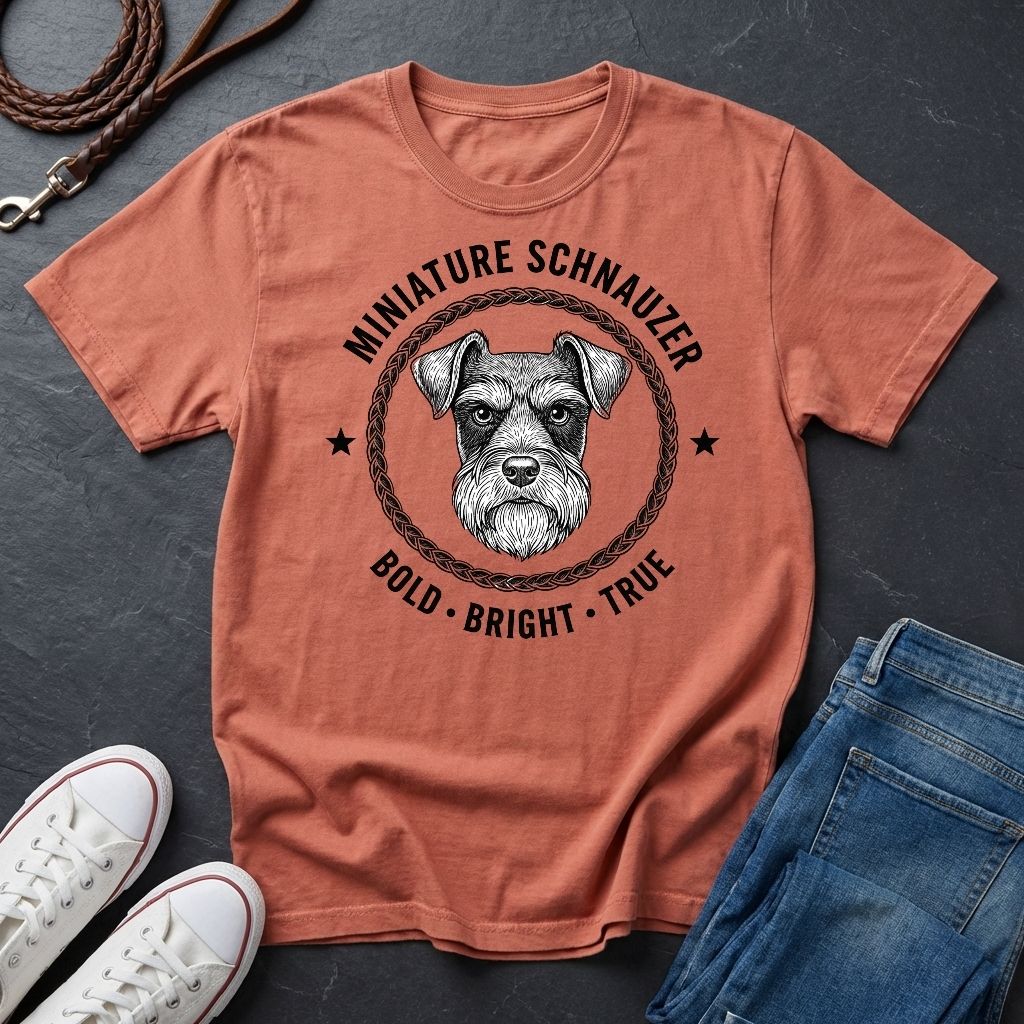 Coral Comfort Colors t-shirt with miniature schnauzer graphic and text on a dark surface with shoes and jeans.