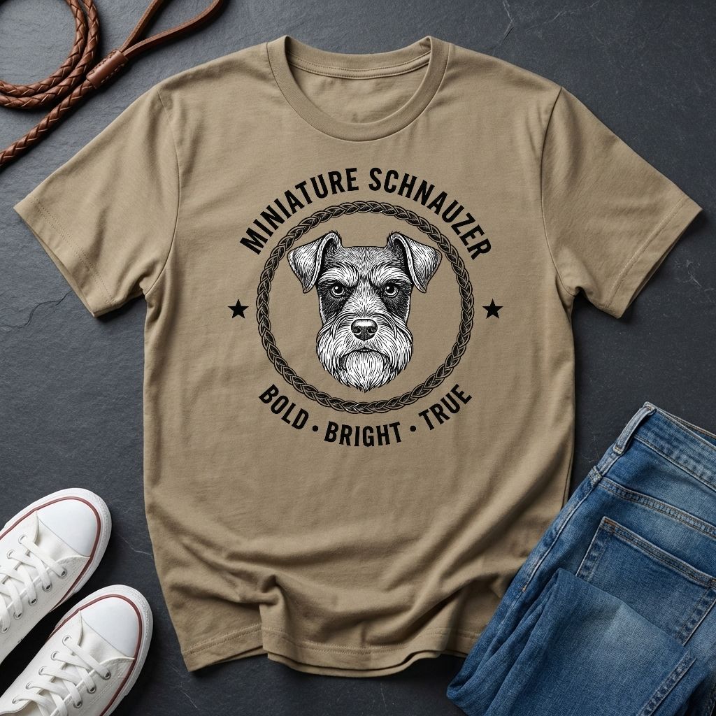 Beige Comfort Colors t-shirt with miniature schnauzer graphic and text on a dark surface with shoes and jeans.