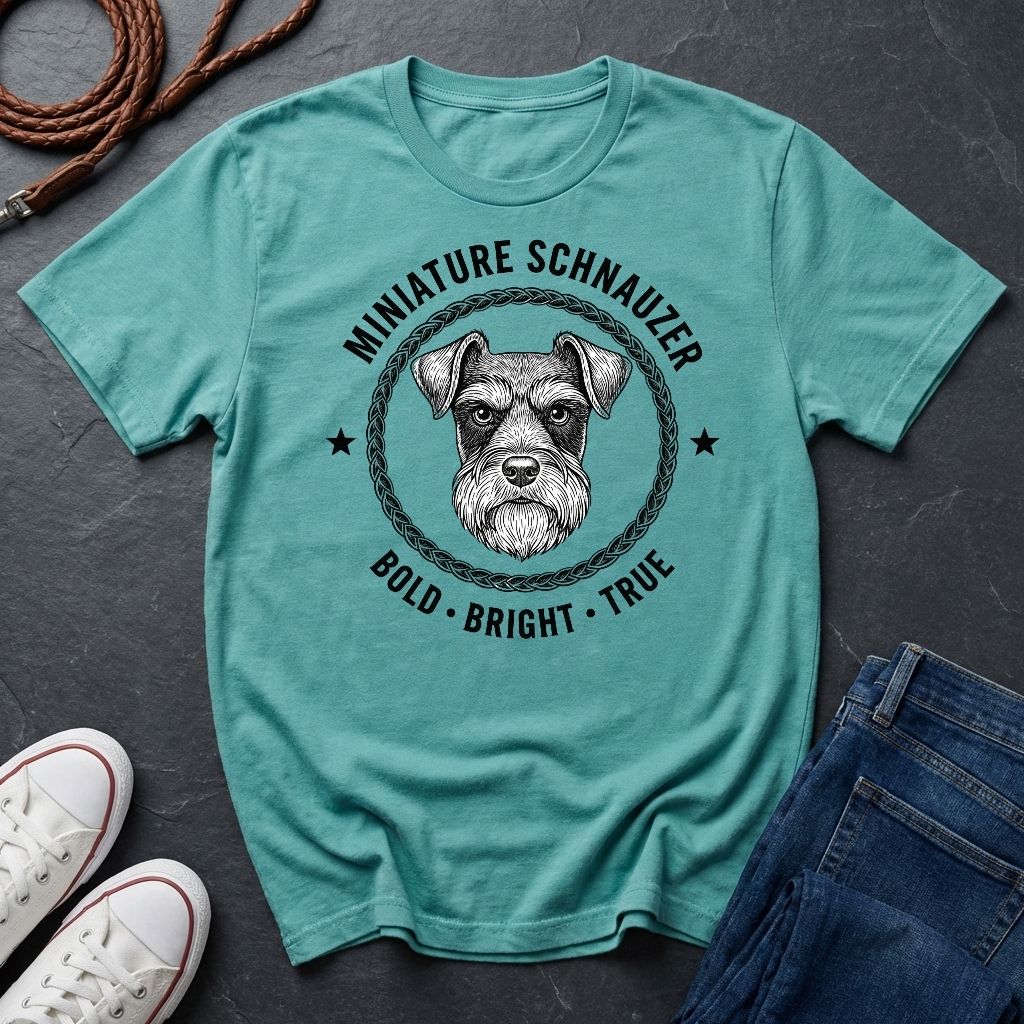 Teal Comfort Colors t-shirt with miniature schnauzer graphic and text on a dark surface with shoes and jeans.