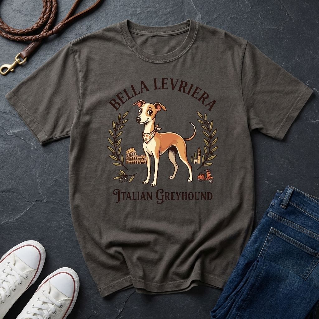 Gray Comfort Colors t-shirt with Italian Greyhound design on a dark surface with shoes and jeans.