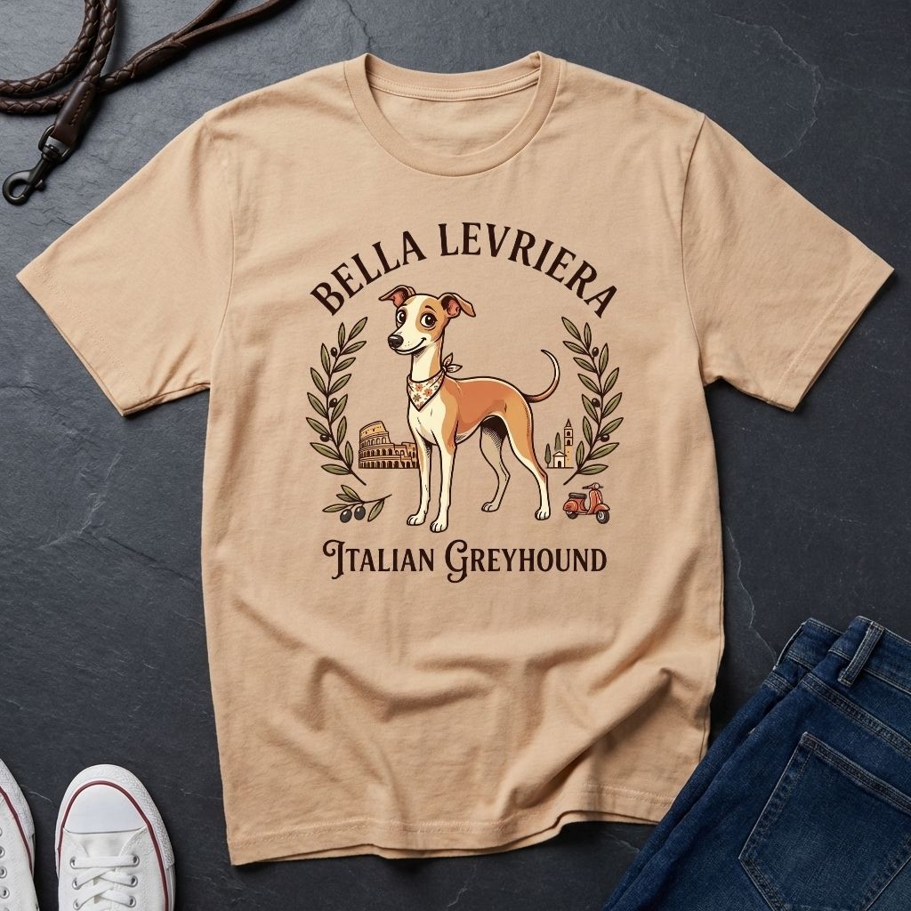 Beige Comfort Colors t-shirt with Italian Greyhound design on a dark surface