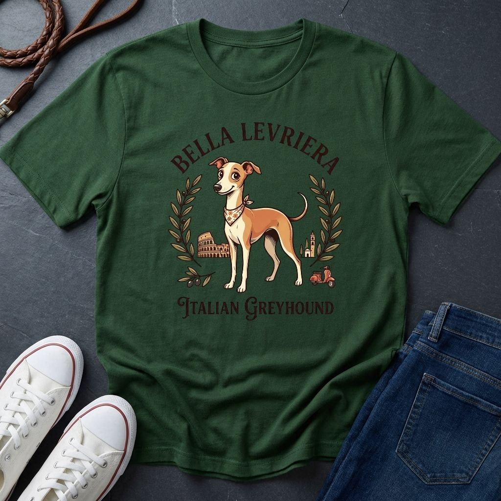 Green Comfort Colors t-shirt with Italian Greyhound design and text on a dark surface with shoes and jeans.