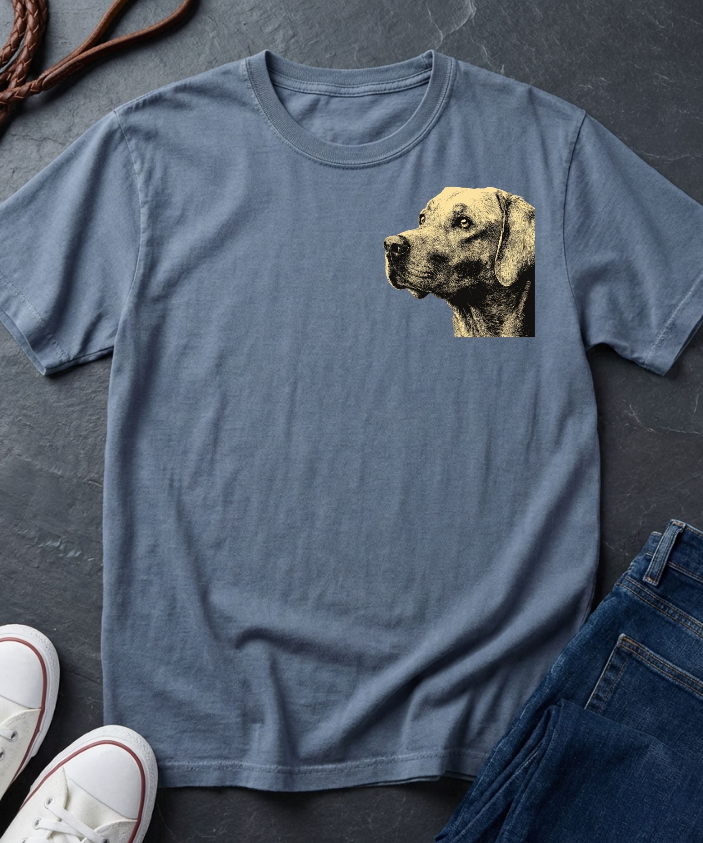 Blue Comfort Colors t-shirt with a dog graphic on a dark surface with shoes and jeans.