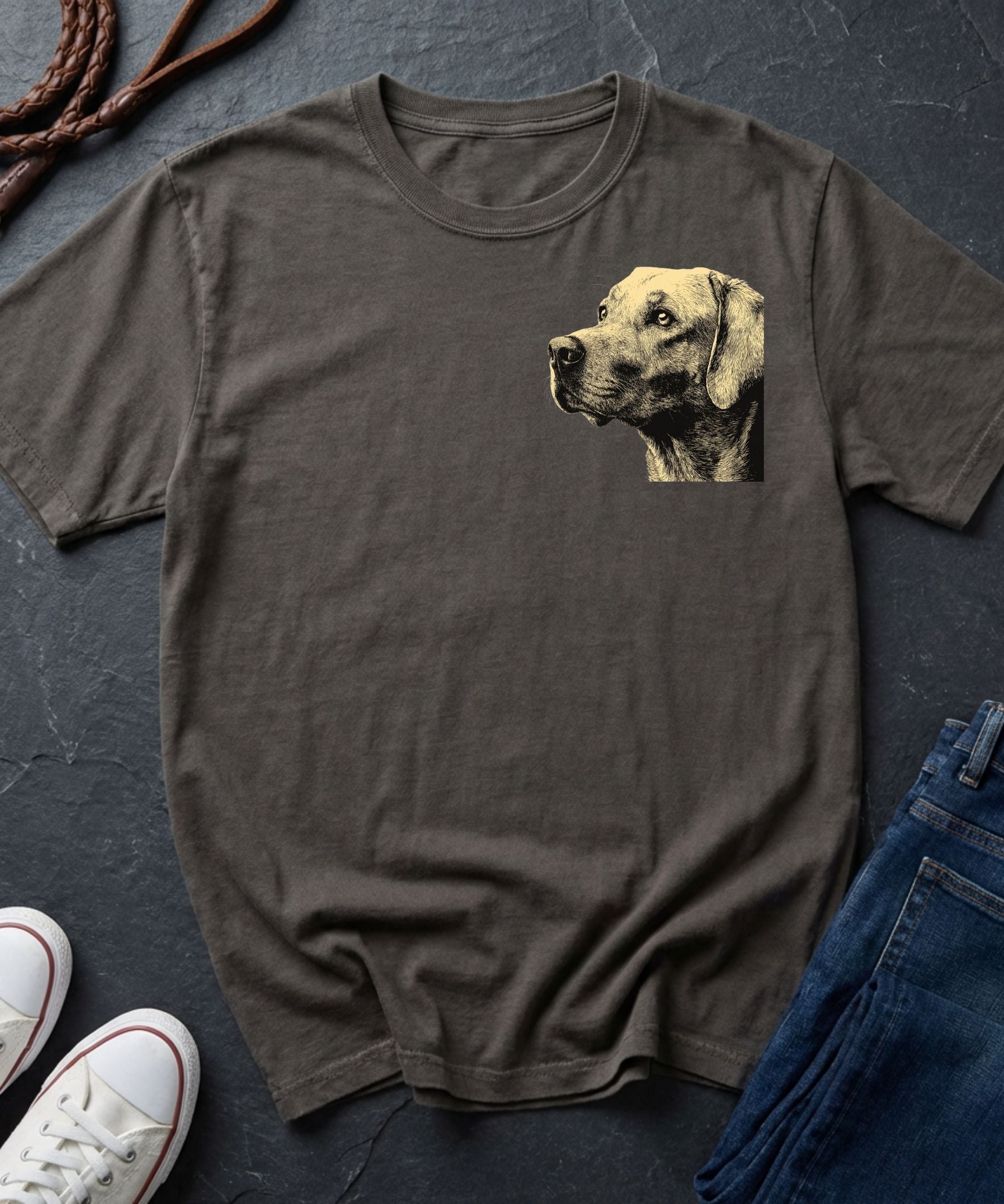 Brown Comfort Colors t-shirt with a dog graphic on a dark surface with shoes and jeans.