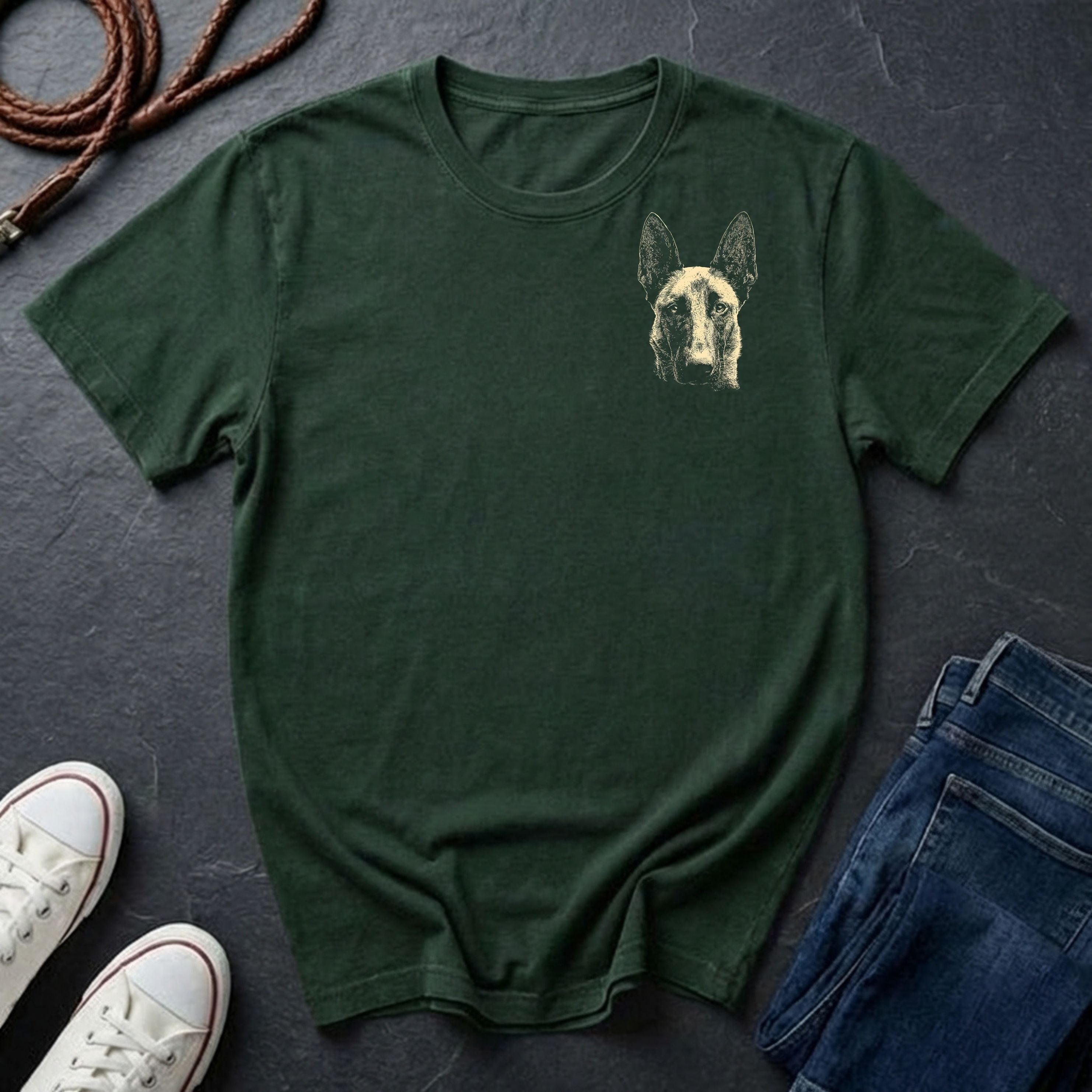 Green Comfort Colors t-shirt with a dog graphic on a dark surface with shoes and jeans.