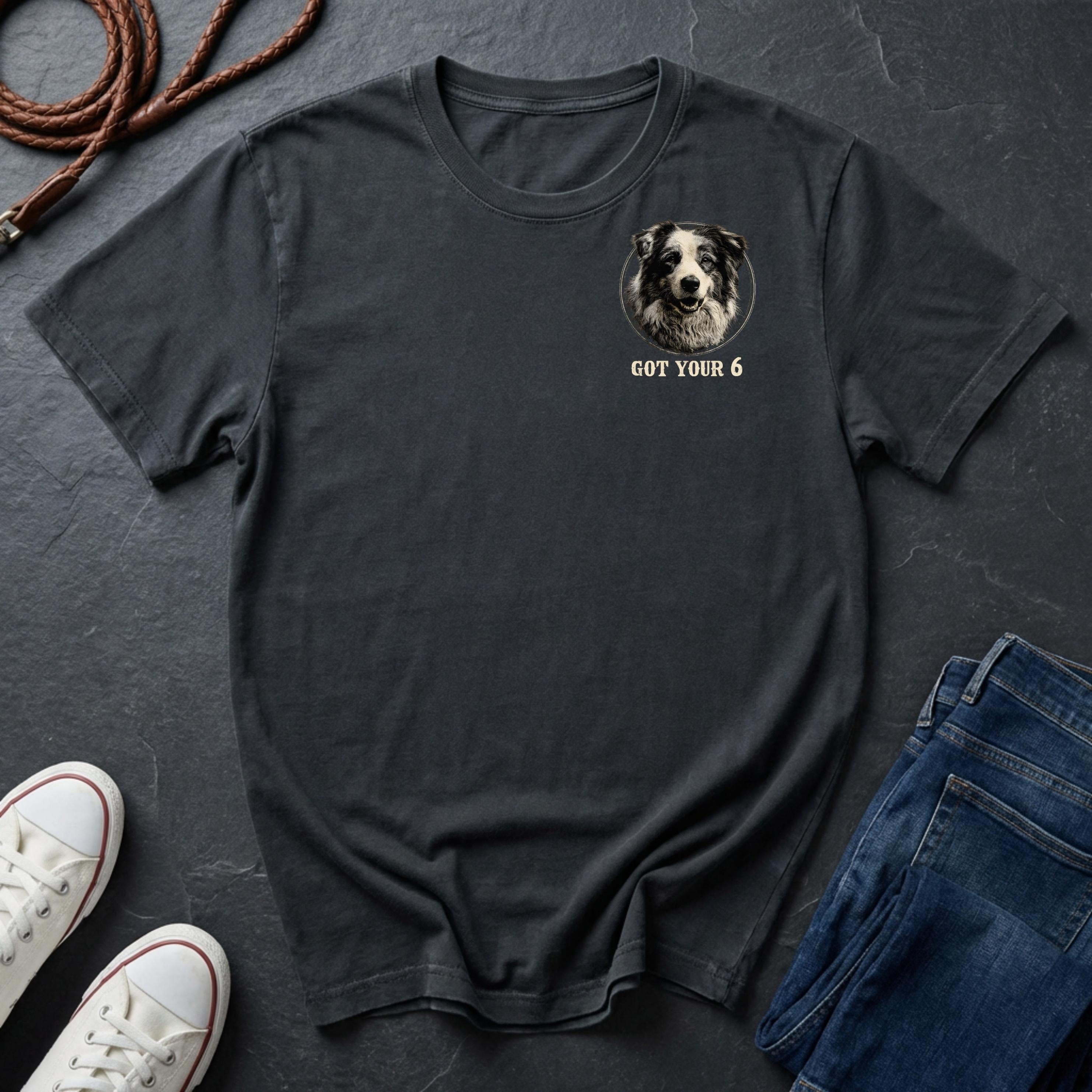 Australian Shepherd "GOT YOUR 6" small left chest print on Comfort Colors 1717