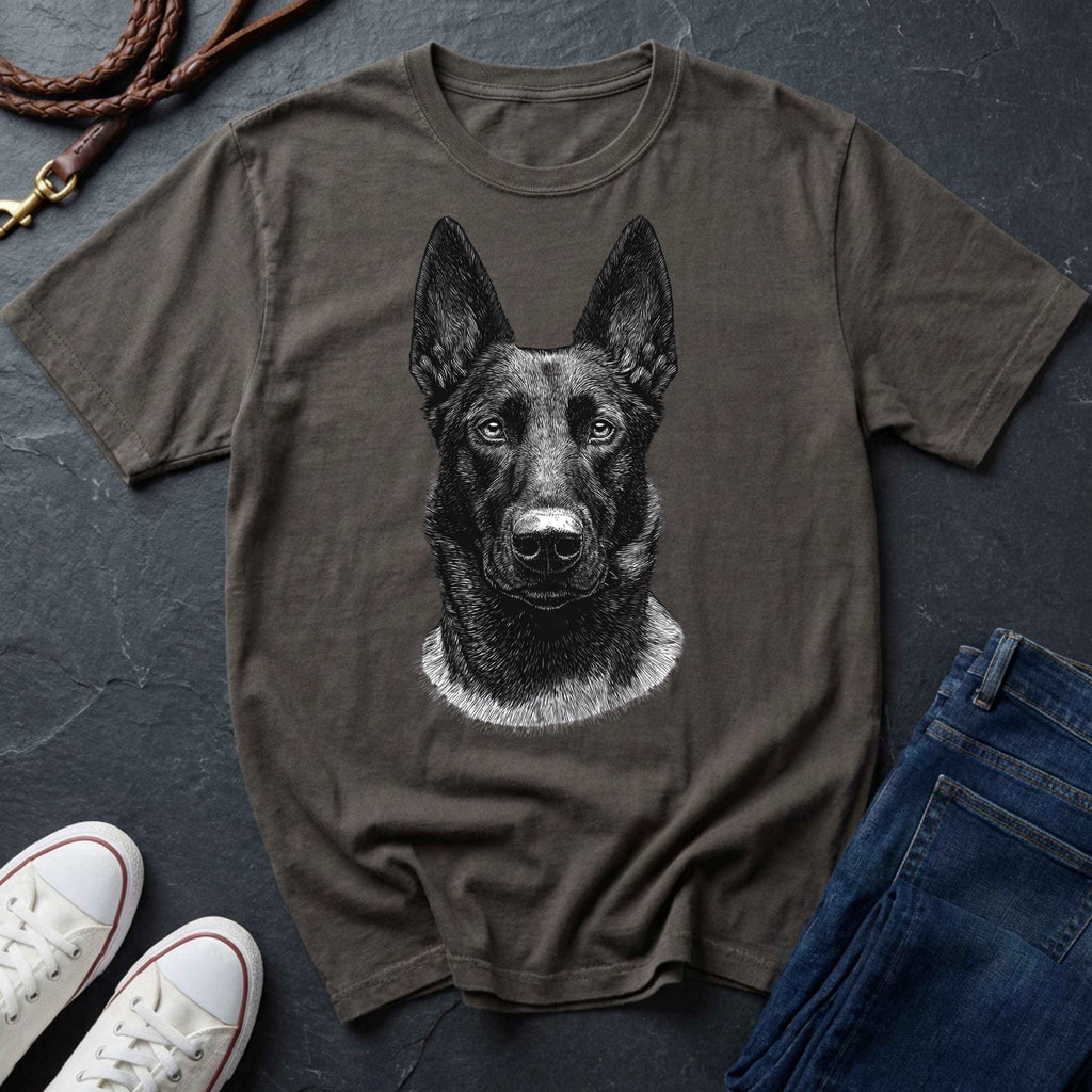 Brown Comfort Colors t-shirt with a dog graphic on a dark surface with shoes and jeans.