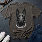 Brown Comfort Colors t-shirt with a dog graphic on a dark surface with shoes and jeans.