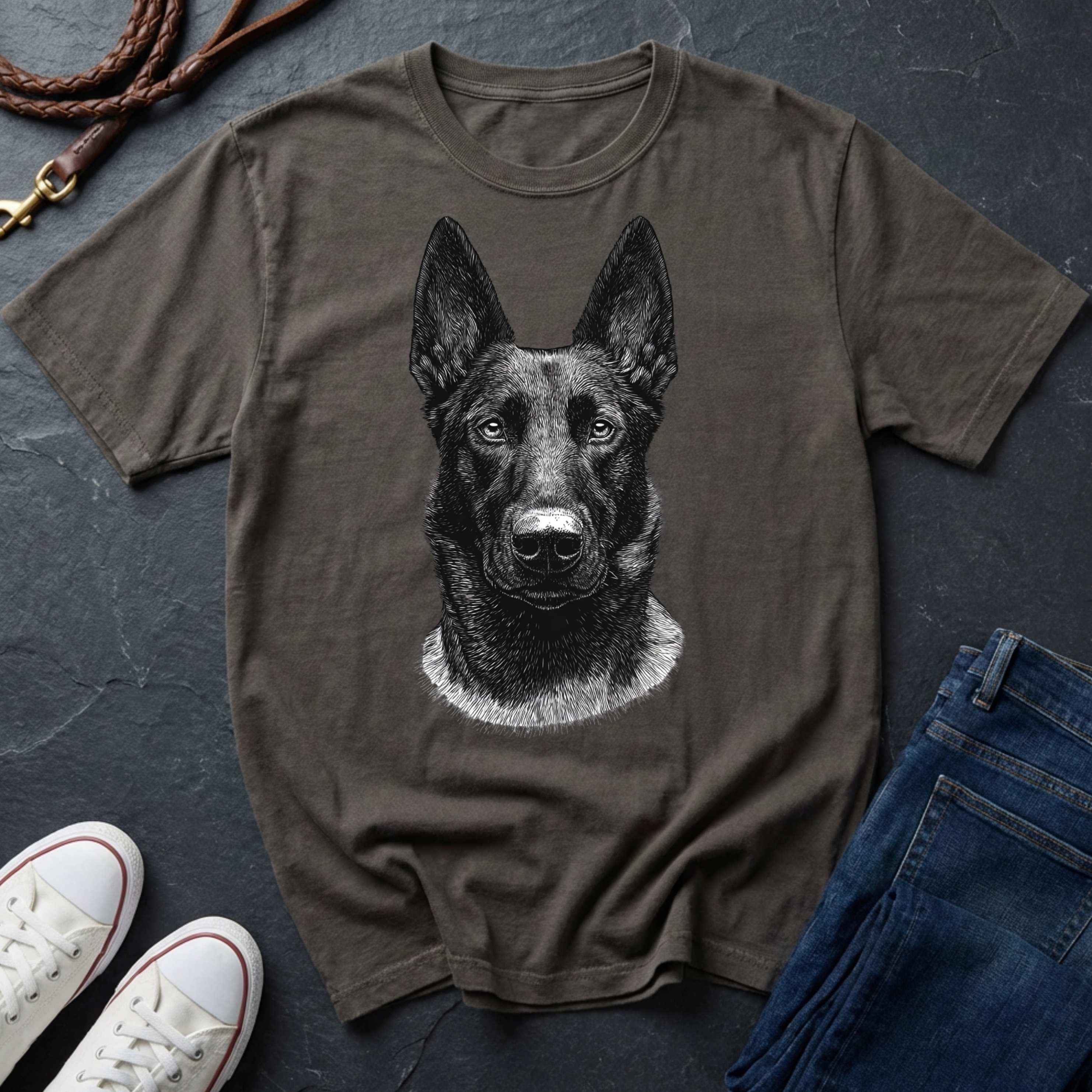 Brown Comfort Colors t-shirt with a dog graphic on a dark surface with shoes and jeans.