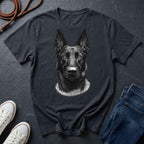 Black Comfort Colors t-shirt with a dog graphic on a dark surface with shoes and jeans.