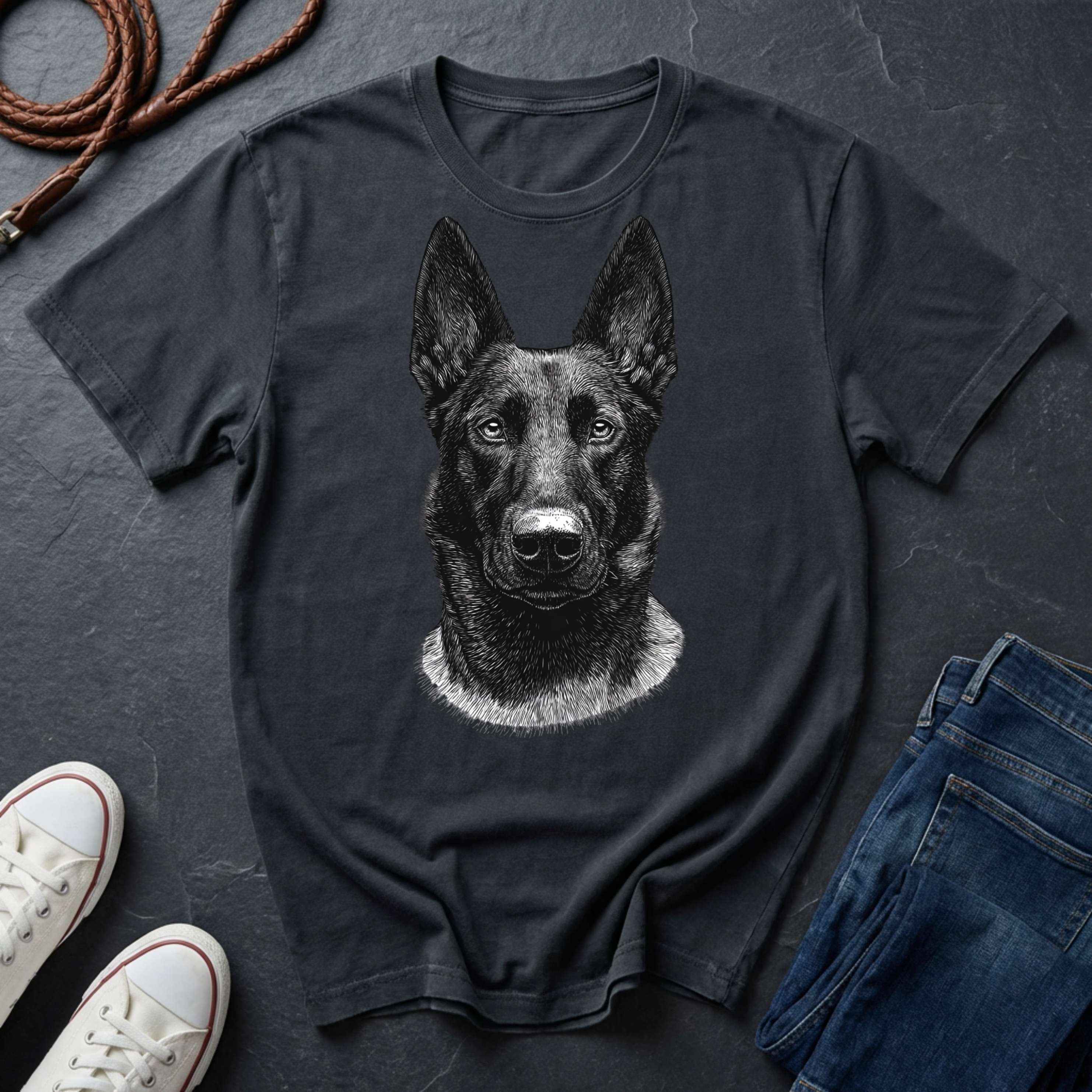 Black Comfort Colors t-shirt with a dog graphic on a dark surface with shoes and jeans.